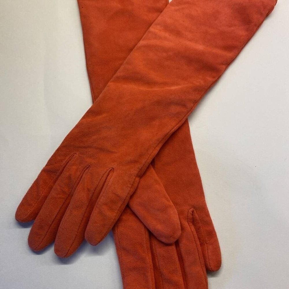 Tangerine soft suede gloves lined with cashmere and wool size small